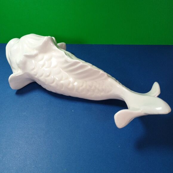 White Ceramic Koi Fish Planter Vase Asian Coastal Decor MCM Style 10" - Picture 6 of 12